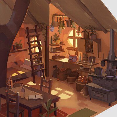 Fantasy House Interior Art, Fantasy Bedroom Concept Art, Wizard Room, Cute Cottage Interior, Hut Interior Concept Art, Cottage Bedroom Concept Art, Fantasy Cottage Interior, Room Environment Concept Art, Fantasy House Concept