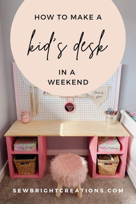 Photo is of a pink and wood girls desk with the org board, in a little girl bedroom. Make Up Table Kids, Kids Pink Desk, Kids Vanity Desk, Kids Bedroom Desk Ideas, Kids Art Desk Ideas, Desk For Girls Bedroom, Diy Kid Vanity, Diy Kids Vanity Girl Rooms, Toddler Vanity Diy