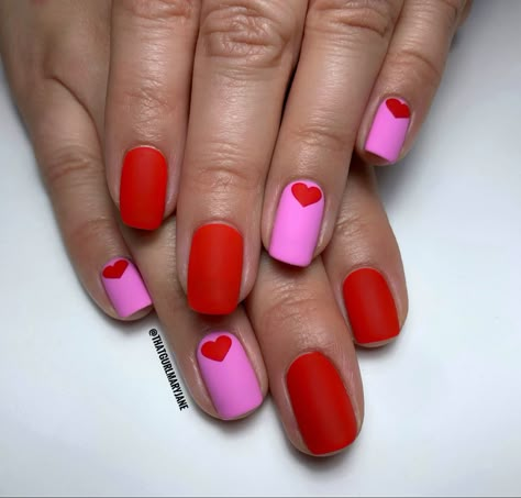 Pink N Red Nails, Valentine Nails Pink And Red, Valentines Nails Powder Dip, Matte Red Valentines Nails, Hard Gel Nails Design Valentines, Red And Pink Matte Nails, Red And Pink Nails Short, Red Nails With Pink Accent Nail, Valentine Fingernails