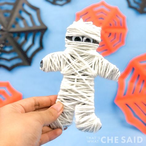 Halloween Mummy Crafts For Kids, Make A Mummy Craft, Yarn Mummy Craft, Mummy Crafts For Kids Preschool, Halloween Mummy Craft, Easy Mummy Craft, Mummy Art Projects For Kids, Paper Mummy Craft, October Crafts For Kids Elementary