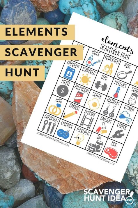 Periodic Table Scavenger Hunt (FREE Printable with 3 Levels of Difficulty) - ScavengerHuntIdea.com Periodic Table Scavenger Hunt, Periodic Table Activities, Science Scavenger Hunt, Chemistry Ideas, Scavenger Hunt Ideas, Chemistry Activities, Middle School Science Activities, Sixth Grade Science, Science Camp