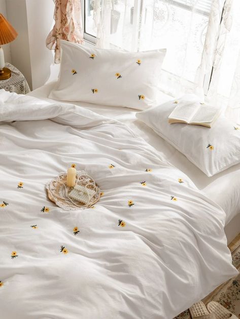 Floral Embroidery Duvet Cover Set Without Filler | SHEIN Embroidered Duvet Cover, Pillow Case Bed, Flower Duvet, Fall Bedding, Fabric Bed, Bed Sets, Seasonal Home Decor, Cotton Duvet Cover, Room Inspiration Bedroom