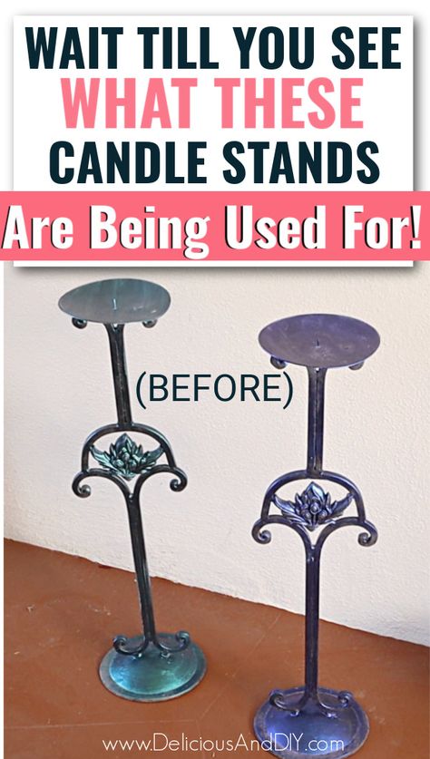 Transform Candle Stick Holders into a gorgeous Console Table using fun paint colors, a wood plank, and some hand-painted tiles. Candle Holder Makeover, Candle Stand Diy, Diy Candle Stick Holder, Metal Candle Stand, Light Green Paint, Rental Home Decor, Dining Table Makeover, Diy Console, Diy Console Table