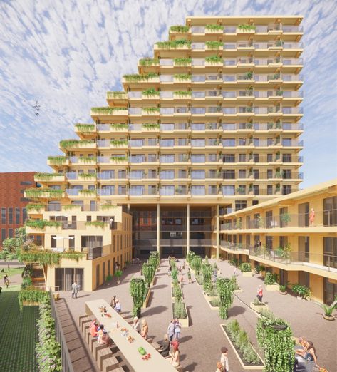 This sustainable apartment uses 90% wood in its construction - Yanko Design Sustainable Apartment Building, Timber Apartment Building, Sustainable Apartment Architecture, Sustainable Apartment, Sustainable Hotel, Column Structure, Green Land, World Architecture Festival, Green Roofs