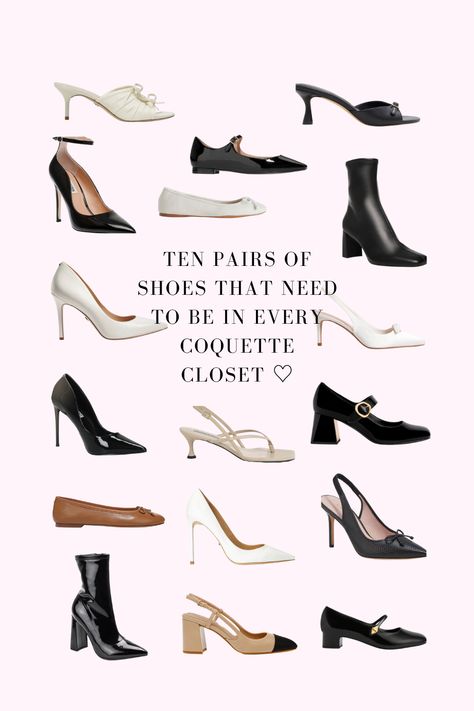 Having the right pair of shoes are such an important part to putting an outfit together. But with the revolving door of fashion trends, it can be hard narrowing down to the timeless feminine essentials that you’re going to wear over and over for years to come. Think of this as a capsule wardrobe guide for shoes but the girly coquette edition. Here are ten pairs of essentials that every girl girl needs in their closet! Shoe Staples Capsule Wardrobe, Shoes You Need In Your Closet, Coquette Closet Essentials, Coquette Wardrobe Essentials, Coquette Capsule Wardrobe, Coquette Closet, Coquette Wardrobe, Feminine Essentials, Coquette Shoes