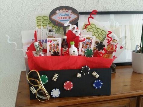 Las Vegas Gift Basket Ideas, Casino Theme Gift Basket, Vegas Basket, Casino Gift Basket, Vegas Gift Basket, Vacation Gift Basket, Las Vegas Gift Basket, Alcohol Ideas, Vegas Gifts