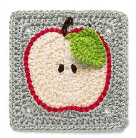 Apple Granny Square Pattern, Fruit Granny Square, Apple Granny Square, Crochet Square Free Pattern, Mushroom Granny Square, Free Patterns Crochet, Knitting Easy, Scrap Crochet, Granny Square Crochet Patterns Free