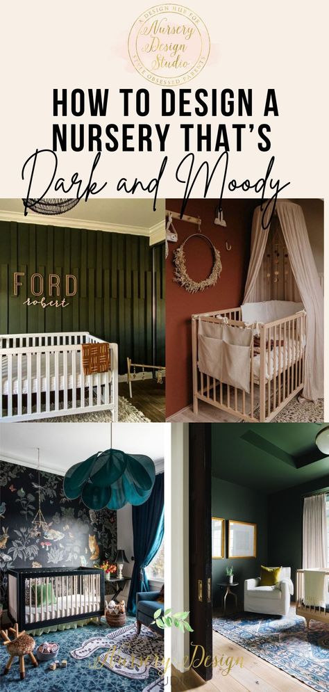 how to design a nursery that's dark and moody. Nursery Ideas Dark Furniture, Dark And Moody Nursery, Dark Academia Nursery, Dark Nursery Ideas, Moody Floral Nursery, Moody Nursery, Nursery Dark Furniture, Bold Nursery, Sims Interior Design