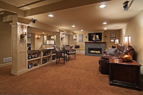 Finished basement.. omg, I would never leave the house if this were my basement. Entryway Divider, Small Basement Remodeling, Basement Home Theater, Tv Ideas, Dream Basement, Traditional Family Room, Modern Basement, Basement Inspiration, Basement Bar Designs