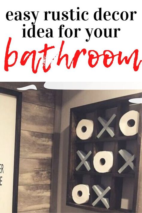 Give your guest bathroom a rustic feeling with this cute tic tac toe wall decoration. Perfect for Farmhouse decorating on a budget. #rustic #bathroom #decor Diy Shelves Bathroom, Diy Chalkboard Sign, Drum Shade Chandelier, Art Deco Bar, Faux Wood Beams, Diy Accent Wall, Small Bathroom Makeover, Diy Chalkboard, Diy Chandelier