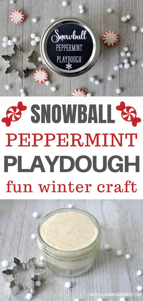 Snowball Peppermint Playdough is the perfect winter-weather craft recipe to make with your kids! It makes a great handmade Christmas gift idea too!  #christmas #handmadechristmas #playdough #kidactivities Peppermint Playdough, Snowman Playdough, Winter Playdough, Play Dough Gift, Winter Crafts For Toddlers, Fun Winter Crafts, Weather Crafts, Free Printable Tags, Free Printable Gifts