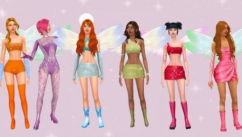 lookbook degli outfit da fata del winx club (in ordine Stella, Tecna, Bloom, Aisha, Musa, Flora) Sims Winx Cc, Sims 4 Cc Winx Club Hair, Sims 4 Cc Winx Club Clothes, Winx Club Sims 4 Cc, Winx Sims 4 Cc, Sims 4 Cc Euphoria, Sims 4 Winx Club Cc, Sims 4 Fairy Cc, Sims 4 Cas Background