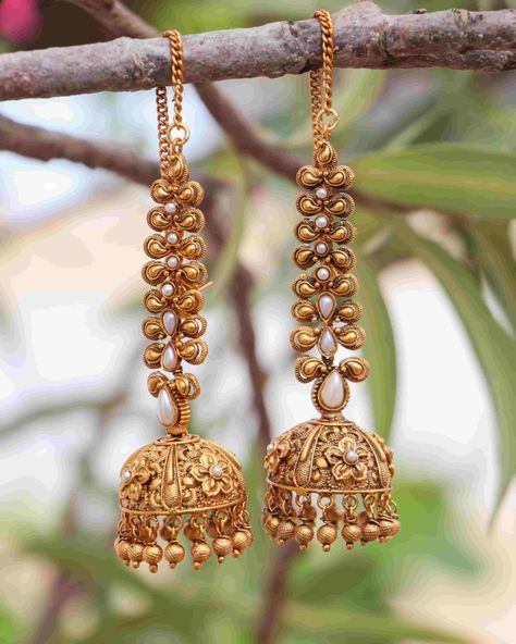 Bridal Jhumkas, Antique Jhumkas, Jhumkas Gold, Large Gold Earrings, Temple Jewellery Earrings, Gold Jhumka Earrings, Gold Earrings Wedding, Ear Chain, Gold Jewelry Simple Necklace