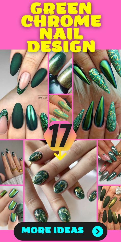 Looking for nail inspiration? Explore the world of green chrome nails and elevate your style! Whether you adore short square nails or prefer long stiletto nails, the chrome finish adds a modern touch. Experiment with shades like emerald and mint to create a captivating gradient effect. Add a pop of vibrancy with neon lime accents or embrace the elegance of a French tip. These acrylic nails are a versatile canvas for expressing your creativity and unique style. Pink Green Chrome Nails, Green Chrome Nail Art, Olive Green Nails With Chrome, Dark Green Nails Chrome, Green And Gold Chrome Nails, Olive Green Chrome Nails, Green Gel Nail Designs, Sage Green Chrome Nails, Green Nails With Chrome