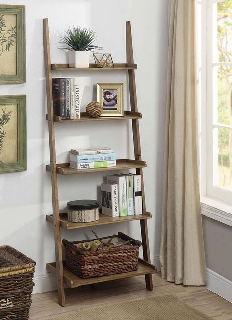 Convenience Concepts American Heritage 5-Shelf Ladder Bookcase, Driftwood - Walmart.com - Walmart.com Ladder Shelf Office Decor, Coastal Bookshelf Decor Living Room, Ladder Bookshelves Living Room, Book Shelf Ladder Decor, Ladder Bookshelf Ideas, Ladder Bookcase Diy, Ladder Style Bookshelf, Ladder Bookcase Decor, Ladder Bookcase Styling