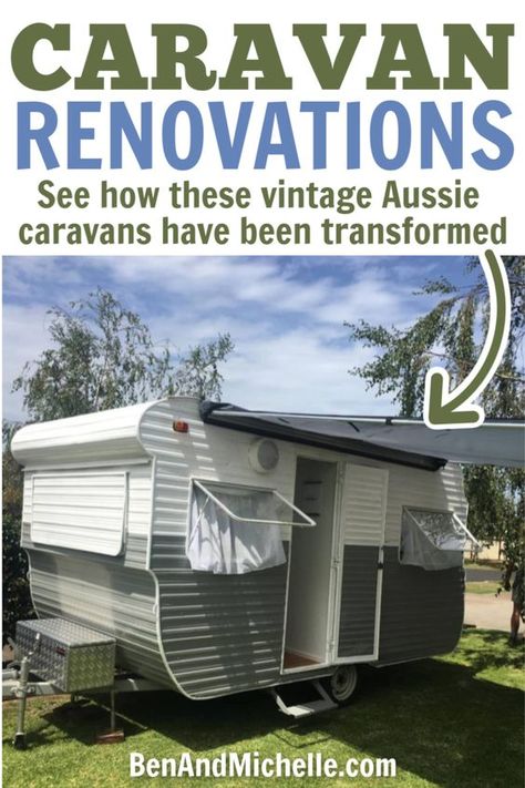 Caravan Restoration Ideas, Australian Caravan Renovation, Revamp Caravan Interior, Millard Caravan Renovation, Retro Caravan Exterior, Cute Caravan Interior, Caravan Interior Makeover Color Schemes, Caravan Annex Ideas, Caravan Painting Ideas