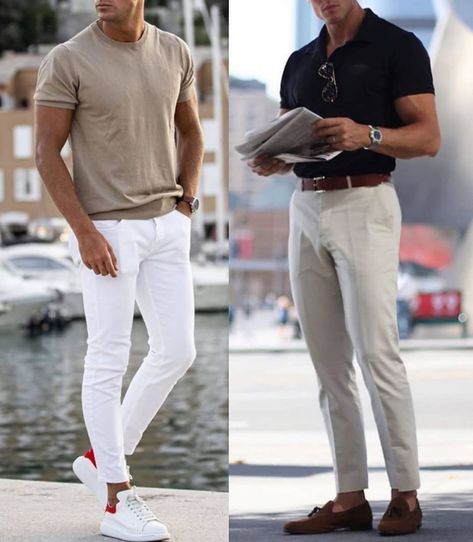 Men’s Cream Outfit, White Shoes Outfit Men Casual, Cream Chinos Men Outfits, White Chinos Men Outfits, Mens White Pants Outfit, Cream Trousers Outfit Men, Men Smart Casual Outfit Summer, Italian Mens Fashion Casual, Cream Shirt Outfit Men