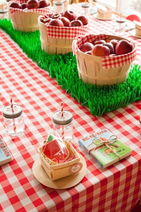 Apple Theme Table Decorations, Orchard Theme Party, Apple Birthday Party Theme, Farm Centerpieces Birthday, Apple Party Theme, Apple Centerpiece Ideas, Apple Themed Party, Farm Centerpieces, Picnic Themed Party