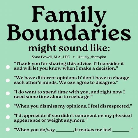 Sana Powell, LPC • Therapist on Instagram: “☀ Though setting boundaries with family members can be difficult, it can improve your relationships with them long term. Healthy…” Setting Boundaries With Family, Boundaries With Family, Self Affirmations, Boundaries Quotes, Emotional Awareness, Emotional Resilience, Setting Boundaries, Positive Self Affirmations, Mental And Emotional Health