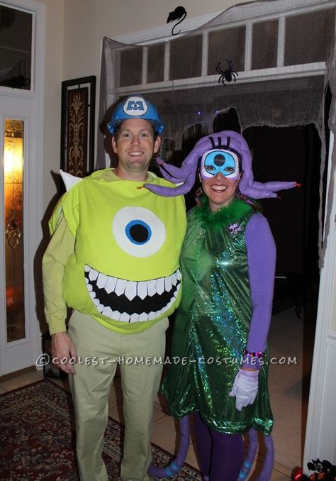 Coolest+DIY+Mike+Wazowski+and+Celia+Mae+Costumes Mike Wazowski And Celia, Celia Costume, Monsters Inc Costume, Adult Halloween Party Decorations, 3 People Costumes, Classroom Halloween, Best Couples Costumes, Easy Halloween Party, Best Friend Halloween Costumes