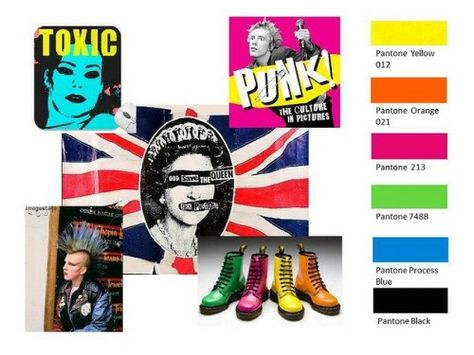 Punk Rock color palette Rock Color Palette, 1970s Trends, 70s Color Palette, Colorful Punk, 1970s Punk, Neon Colour Palette, Yellow Pantone, Period Color, 70s Punk