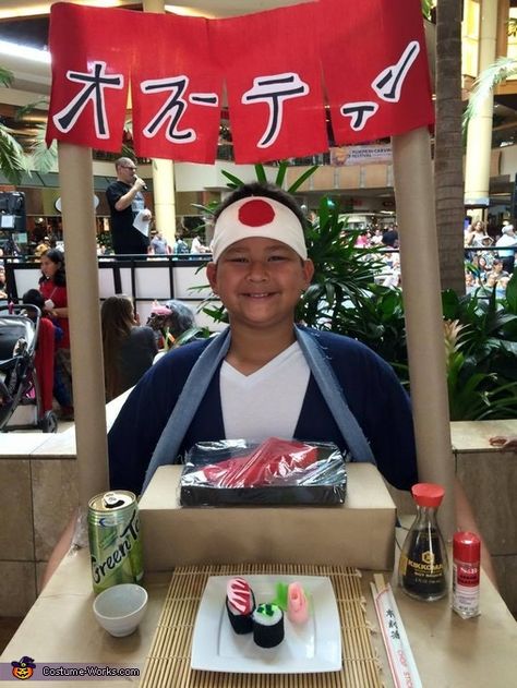 Sushi Chef Costume - Halloween Costume Contest via @costume_works Ramen Costume, Sushi Costume, Chef Costume, 2015 Halloween Costumes, Homemade Costume, Homemade Sushi, Costume Works, Wrapping Paper Rolls, Sushi Chef