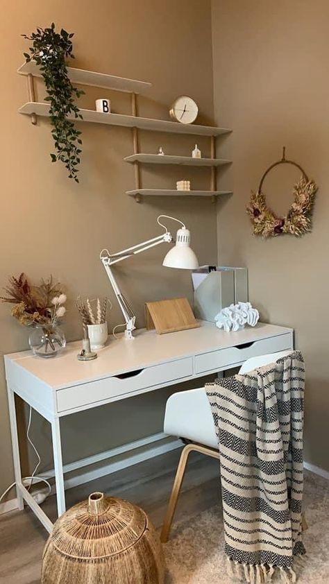 Beige Room, Desk Layout, Room Desk, Bedroom Diy, Room Makeover, Neutral Colors, Vanity Mirror, Corner Desk, Office Desk