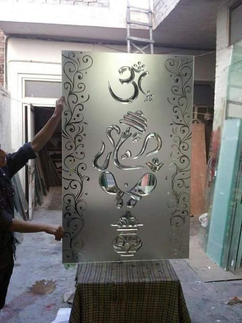 Pooja Door Glass Design Etching, Glass Etching Designs For Pooja Room, Om Glass Design, Ganesh Glass Design, Front Door Frosted Glass Design, Frosted Glass Design For Mandir, Etched Glass Door For Pooja Room, Mandir Glass Door Design, Pooja Door Design