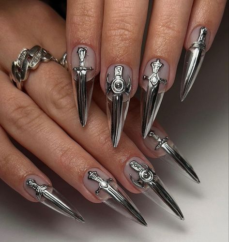 White And Chrome Nails, Silver Design Nails, Chrome Design Nails, Metal Nails, Jewelry Nails, Engagement Nails, Nails Yellow, Punk Nails, Gothic Nails