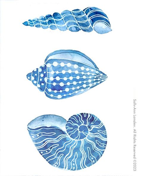 Coastal — Langley Art+Design Blue Seashells, Coastal Watercolor, Beach Wall Collage, Seashell Painting, Coral Design, Fish Illustration, Ink In Water, Watercolor Art Lessons, Shell Art