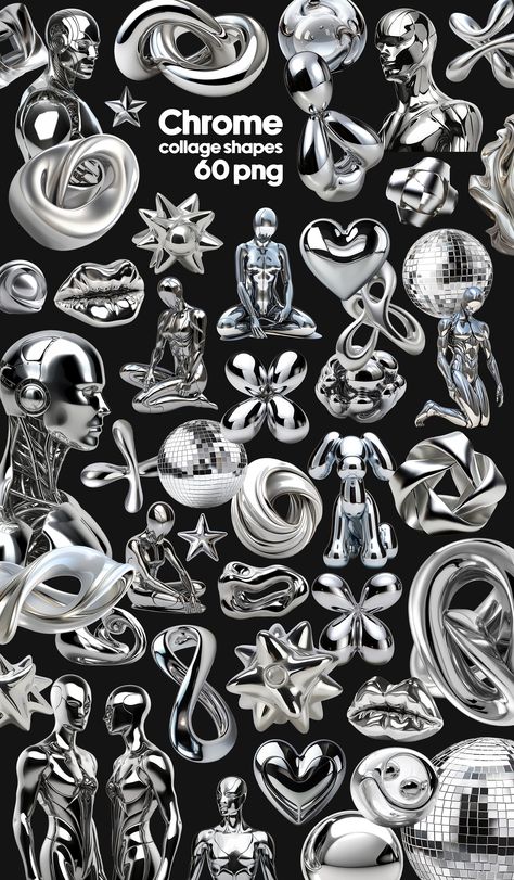 Chrome Digital Art, Futuristic Metallic Aesthetic, Chrome Shapes Graphic Design, Chrome 3d Art, Chrome Art Design, Chrome Person, Chrome Design Graphic, 3d Chrome Art, Chrome Tattoo Designs