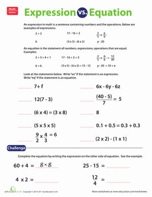 Fifth Grade Algebra & Functions Worksheets: Expression vs. Equation Algebra Hacks, Equations Worksheets, Teaching Hacks, Gardening Activities, Math Expressions, Algebra Equations, Learning Mathematics, Fifth Grade Math, Algebraic Expressions