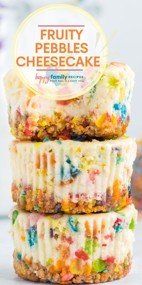 One image with a text box at the top Fruity People Cheesecake, What To Make With Fruity Pebbles, Mini Fruity Pebbles Cheesecake, Fruity Pebble No Bake Cheesecake, Fruity Pebble Cheesecake Bites, Fruity Pebbles Cheesecake Bars, Fruity Pebble Cheesecake Cups, Cereal Milk Cheesecake, Fruity Pebbles Cheesecake Bites