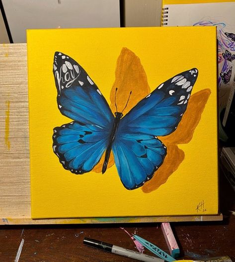 Blue Butterfly Canvas Painting, Butterfly Drawing On Canvas, Simple Butterfly Painting, Canvas Painting Butterfly, Acrylic Butterfly Painting, Paintings Butterfly, Butterfly Painting On Canvas, Butterfly Canvas Painting, Butterfly Acrylic Painting