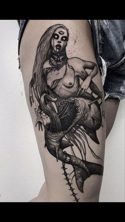 Cool Nature Tattoos, Nature Tattoo Ideas, Siren Tattoo, Monster Tattoo, Cool Nature, Nature Tattoo, Witch Tattoo, Scary Tattoos, Ocean Tattoos