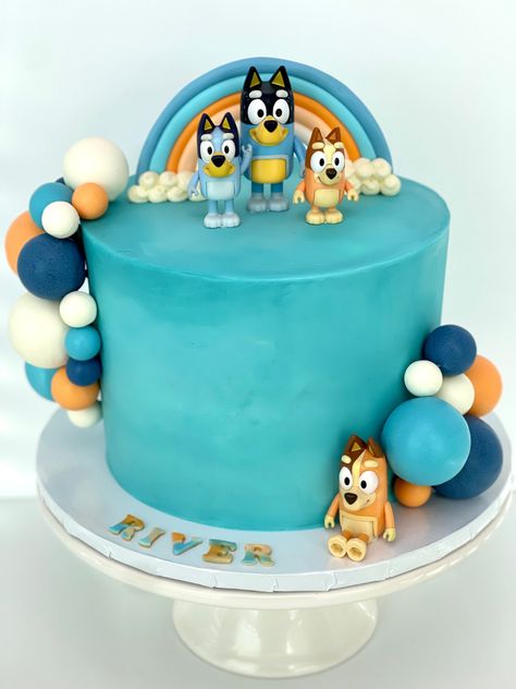 #blueybirthdayparty #blueycake #bluey #cake Bluey Cake With Rainbow, Bluey Cake Buttercream, Bluey Birthday Modern, Bluey Birthday Cake 4, Birthday Cake Bluey Theme, Blue And Bingo Cake, Bluey Theme Cake, Bluey Cake Ideas For Boys, Simple Bluey Cake Ideas