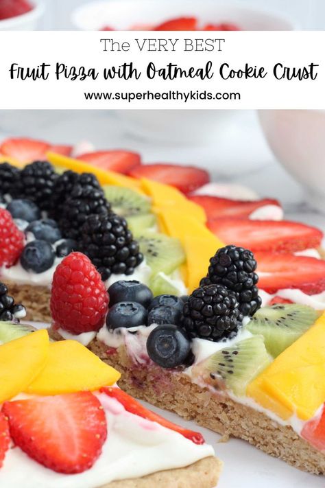 Healthy Fruit Pizza Crust, Cream Cheese Fruit Pizza, Best Fruit Pizza, Healthy Fruit Pizza Recipe, Oatmeal Cookie Crust, Mango Oatmeal, Fruit Pizza Crust, Healthy Fruit Pizza, Pizza Dessert