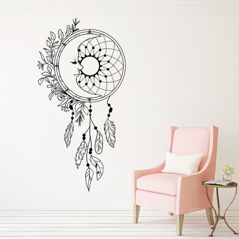 Dream Catcher Wall Painting, Dream Catcher Painting, Dream Catcher Feathers, Baby Room Wall Stickers, Dreamcatcher Feathers, Moon Dream Catcher, Feather Stickers, Moon Dreamcatcher, Black And White Drawings