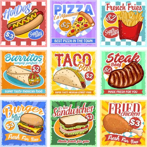 Food Poster Illustration, Pizza Burritos, Fried Chicken Steak, Vintage Fast Food, Fast Food Poster, Chicken French, Vintage Food Posters, Taco Burger, Food Posters