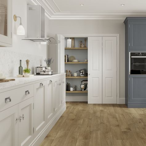 Blue And White Shaker Kitchen, Howdens Shaker Kitchen Porcelain, Elmbridge Porcelain Kitchen, Elmbridge Howdens, Elmbridge Kitchen, Kitchen Worktop Ideas, Cream Shaker Kitchen, Worktop Ideas, Blue Kitchen Ideas