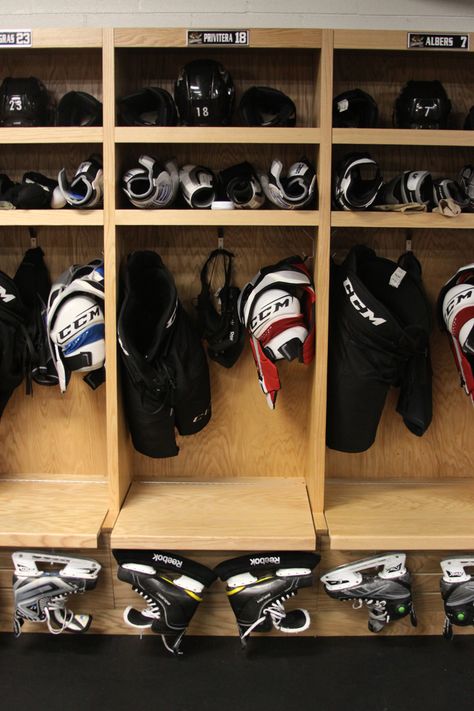 Equipment in the Lumberjacks locker room Hockey Gear Storage, Hockey Equipment Drying Rack, Hockey Equipment Storage, Hockey Drying Rack, Hockey Organization, Basement Storage Organization, Sports Locker, Gear Room, Hockey Girlfriend