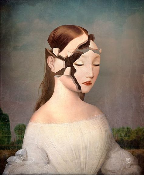 Christian Schloe This reminds me of our mood portraits. The way that the face is cracked looks like a broken vase, but the image itself looks more like a painting. The dark background brings the figure forward even more. Christian Schloe, Distant Memory, Victorian Paintings, Creation Photo, Pop Surrealism, Arte Fantasy, Wassily Kandinsky, Surreal Art, Art Plastique