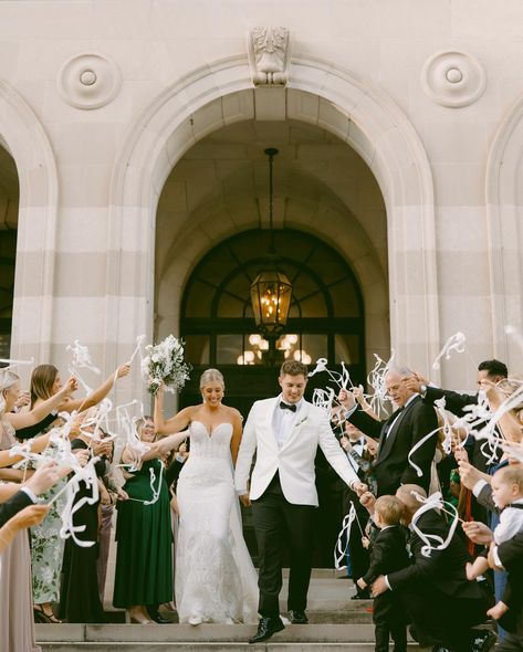 Kristen & Ryan threw one hell of a party that was somehow both intimate and grand — from the little moments of first looks and shared tears to a grand exit down the stairs after saying ‘I do’. It was such a perfect day 🤍 And if you needed a sign to share a private first dance, or to do a royal wave from the balcony during cocktail hour this is it. venue - @columbusmuseum_events  photography - @brookmadephotography  planning - @petalandpopweddings videography - @weddingstoriesinmotion flora... Getting Ready Wedding Photos Confetti, Wedding Grand Exit, Private First Dance, Confetti At Wedding Throwing, Bride And Groom Exit Song, Documentary Style Bride And Groom, First Looks, Events Photography, Neutral Color Scheme