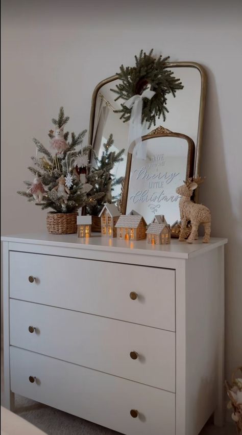 Dresser Decor Christmas, Christmas Bedroom Dresser Decor, Christmas Present Cabinets, Corner Cabinet Styling, Christmas Decor Dresser, Christmas Night Stand Decor, Nightstand Christmas Decor, Christmas Decor Entertainment Center, Christmas Nightstand