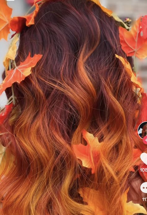 Haircolor Ideas 2023 Fall, Mixing Hair Extensions, Fall Haircuts Long Hair, Vivid Hair Colors For Fall, Peek A Boo Vivid Hair Color, Fall Season Hair Color, Fall Leaf Hair Color, Red Vivid Hair Color, Copper Color Blocking Hair