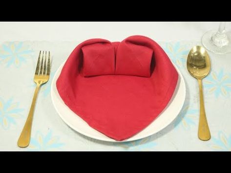 (1624) THE HEART TABLE NAPKIN FOLDING #TUTORIAL - YouTube Heart Shaped Folded Napkins, Folding Napkins For Valentines Day, Cloth Napkin Folding Ideas, Table Napkin Folding, Creative Napkin Fold, Hart Shape, Napkin Folding Tutorial, Easy Napkin Folding, Cloth Napkin Folding