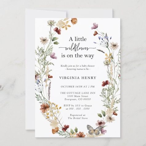 Wildflower Baby Shower Invitation Boho Wildflower Wedding, Fall Bridal Shower Invites, Retro Wedding Invitations, Floral Birthday Invitations, Boho Wildflower, Wildflower Baby Shower, Watercolor Wildflowers, 60th Birthday Invitations, Boho Baby Shower Invitations