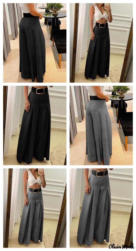 Olivia Mark - Wide Leg Ruched High Waist Pants Without Belt Flatten Belly, Buckle Pants, Wide Belts, Chic Type, High Waist Pants, Long Trousers, Pantalon Large, Black Bottoms, Waist Pants