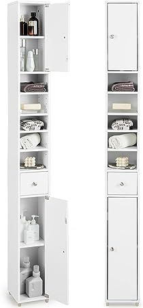 Amazon.com: Tangkula Tall Slim Bathroom Storage Cabinet, 71" Freestanding Bathroom Cabinet Organizer w/2 Doors, 1 Drawer&5 Adjustable Shelves, Floor Narrow Linen Tower for Small Spaces, 8" x 8" x 71" (White) : Home & Kitchen Tiny Bathroom Storage, Slim Bathroom Storage Cabinet, Slim Bathroom, Slim Storage Cabinet, Slim Bathroom Storage, Tall Bathroom Storage Cabinet, Tall Bathroom Storage, Narrow Cabinet, Space Saving Bathroom