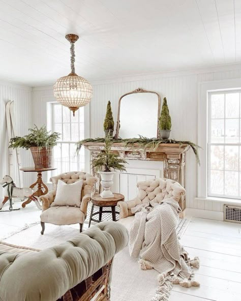 Cozy White Cottage, Winter Living Room, Liz Marie, Liz Marie Blog, French Country Living Room, Faux Fireplace, White Cottage, Country Living Room, French Decor